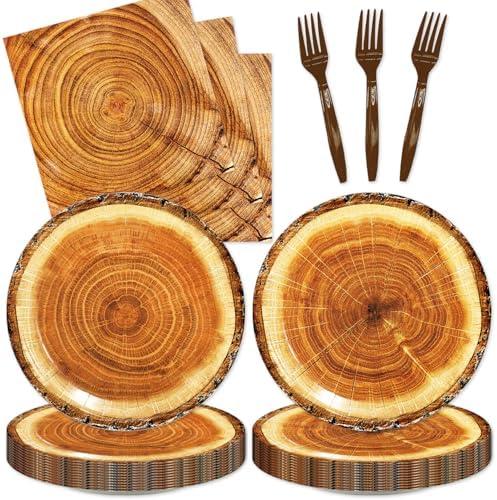 48pcs Camping Wood Grain Slice Party Decoration Set,16 Dessert plate,16 Napkin And 16 Fork,Disposable tableware for 16 persons,Used for Fire Camping Woodland Animal Lumberjack Party Supplies