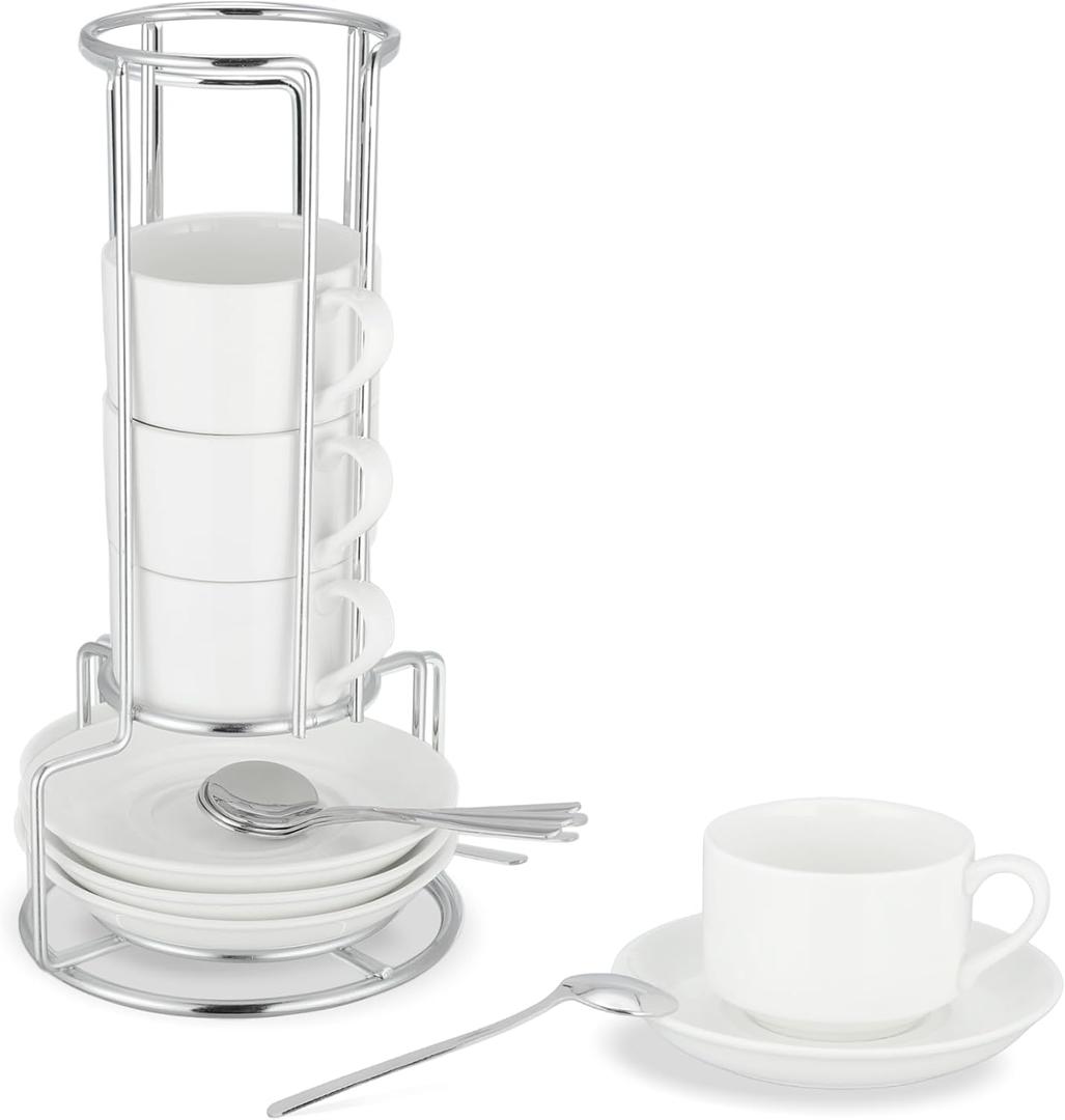 3 Ounce Espresso Cups Set of 4, Stackable Demitasse Mugs, Includes Display Stand, Cups Saucers, and Spoons, for Machines & Home Use, White Silver Tone