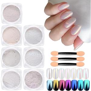 3 x 7 Colors White Pearl Chrome Nail Powder Aurora Metallic Nail Powder Holographic Mirror Effect Chrome Powder Mermaid Iridescent Shell Powder Glitter for Women Girls Nail Art Pigment Manicure