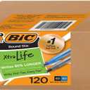 BIC Round Stic Xtra Life Pens, Medium Point 1.0 mm, 60 Black & 60 Blue Pens, Pack of 120