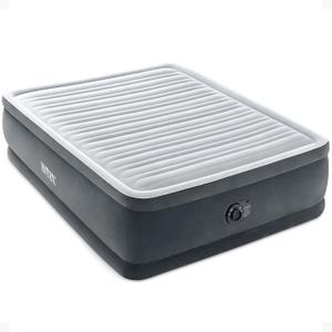 Intex Dura-Beam Deluxe Comfort-Plush Elevated Air Mattress: Fiber-Tech  Queen Size  Built-in Electric Pump  18in Bed Height  600lb Weight Capacity (Grey)