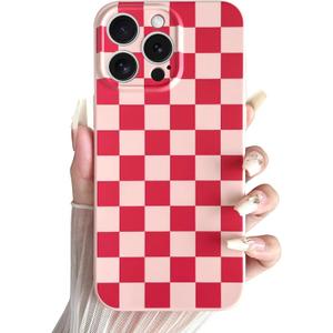 Skyseaco Compatible with iPhone 15 Pro Case Cute Checkerboard Checkered Pattern Design Soft Slim TPU Phone Case Shockproof Full Camera Protection for Women Girls - Pink&Red