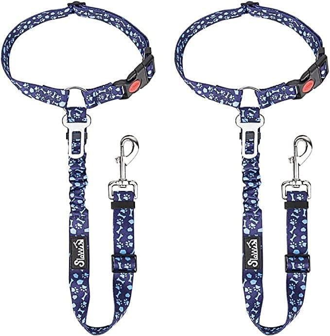 SlowTon Dog Seat Belt for Car, 2 Pack Dog Car Harness Seatbelt Adjustable with Elastic Bungee Buffer, 2 in 1 Pet Car Leash Headrest Restraint Dog Reflective Safety Tether (Blue Paw, Headrest+Clip, Medium/Large)