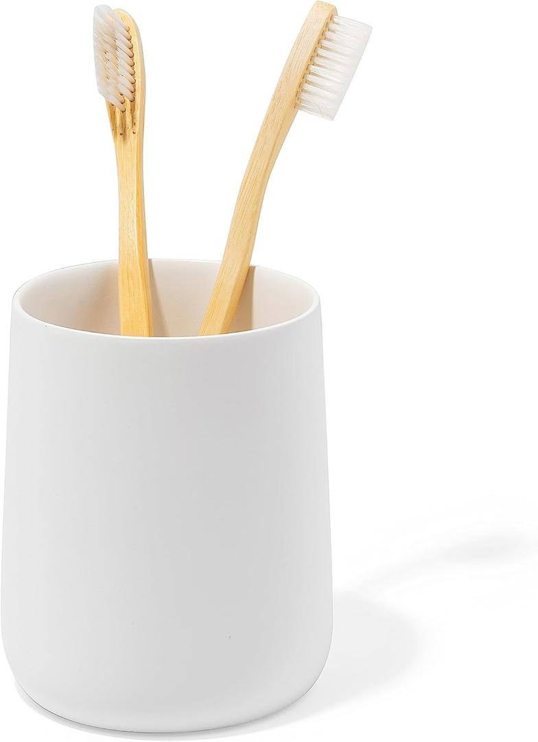 Yew Design Matte White Toothbrush and Toothpaste Holder and Cup for Bathroom Vanity and Countertop, Round Organizer for Electric Toothbrushes, Floss, Razors, Cotton, and Mouthwash