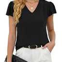 Gleeneat Womens Black Business Casual Work Blouses Summer Dressy Casual Dress Ruffle Short Sleeve Shirts Flowy V Neck Cute Office Tops 2026 Trendy Outfits Blusas Casuales de Mujer Bonitas, M