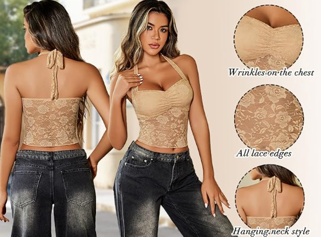 Avidlove Lace Tops for Women Sexy Going Out Tops Cute Halter Classy Tank Concert Outfits Y2K Top Camel, XL