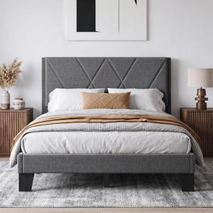 Full Platform Bed Frame with Upholstered Headboard, Gray