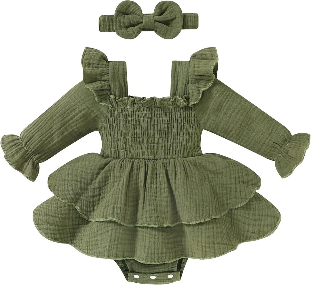 YOUNGER TREE Baby Girl Fall Clothes Infant Long Sleeve Ruffle Romper Dress with Headband Cute Toddler Winter Outfits, 3-6M