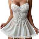 Lilosy Sexy Garter Belt Mesh Lace Babydoll Lingerie Dress Set with Thong.M