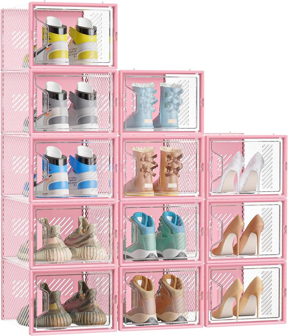 SIMPDIY Shoe Storage, 12 Pack X-Large Shoe Organizer for Closet, Shoe Boxes Clear Plastic Stackable Shoe Storage Boxes for Size 13 (Pink)