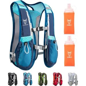 Running Vest, 5L Hydration Vest Lightweight, Breathable and Sweatproof Running Backpack, Adjustable Running Hydration Vest for Trail Running Marathon Race Jogging Cycling (Blue Vest 5L with 2 x Soft Flask)