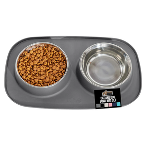 GORILLA GRIP Feeding Mat Bowl Set, 100% Waterproof BPA Free Silicone Base, 304 Stainless Steel Cat and Dog Bowls for Food and Water, Slip Resistant, High