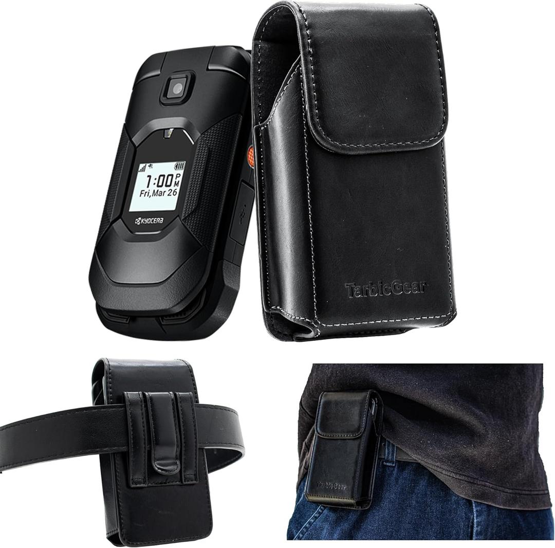 TarbicGear Leather Flip Phone Case with Belt Clip, Pouch for Kyocera & TCL & Nokia Flip Phone Holster for Belt, Cat S22 Case, Phones Sheath, Sonim XP3 Plus Magnetic Phones Pouch (Black)