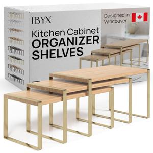 Ibyx Premium Kitchen Cabinet Organizer Shelf - Set of 3 Kitchen Counter Shelves - Stackable Shelf Racks for Cabinets - Metal Frame & Engineered Wood (Natural Wood, Gold Frame)