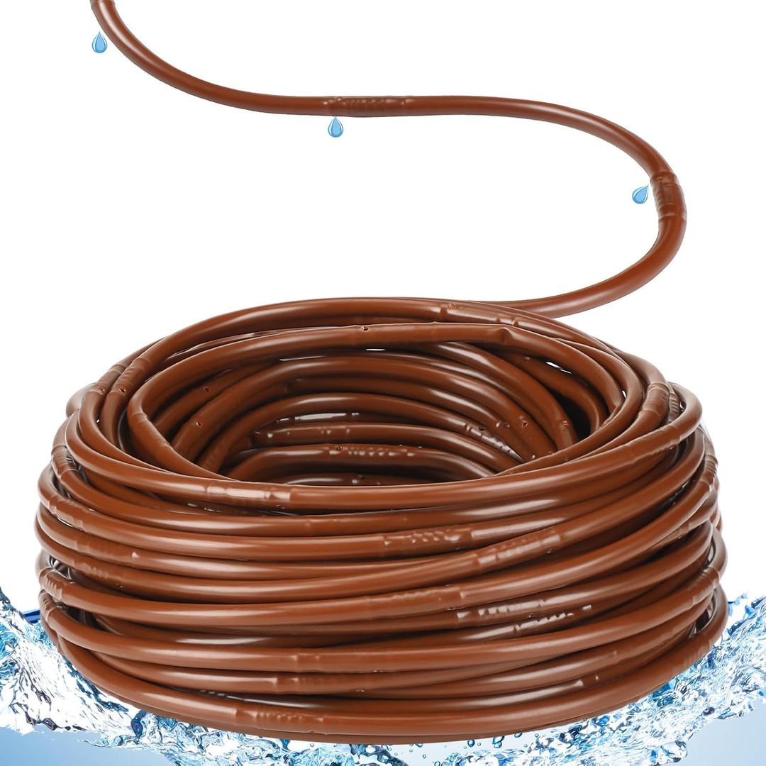 150 ft 1/4 Inch Drip Irrigation Tubing with 8" Emitter Spacing Brown Hydroponics Dripline Hose Irrigation Drip Line Emitter Tubing Parts for Gardens Greenhouse Bed Flower Efficient Watering