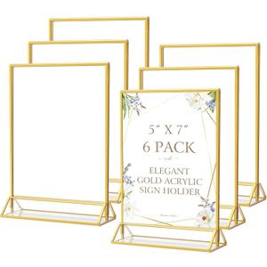 MaxGear 5x7 Gold Acrylic Sign Holder 6 Pack, Gold Table Number Holders, Mini Frames Double Sided Acrylic Picture Frames Photo Stand, Clear Menu Flyer Stand for Wedding, Home, Restaurant