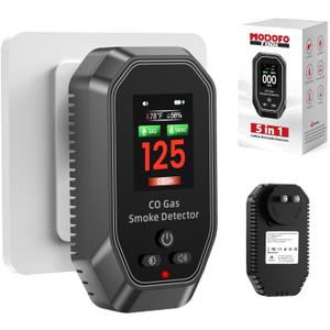 5 in 1 Portable Carbon Monoxide Detectors Plug in, MODOFO TOOL Smoke and Carbon Monoxide Detector with Built-in Battery, Natural Gas Leak Detector, HD Display for CO, Gas, Smoke, Temp, Humidity Black