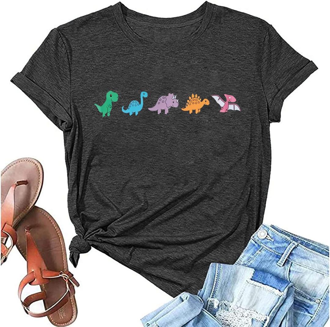 Women Cute Dinosaur Graphic Shirt Teacher Tshirt Girls Short Sleeve Casual Animal Lover Dino Tee Tops (Large, Dark Grey)