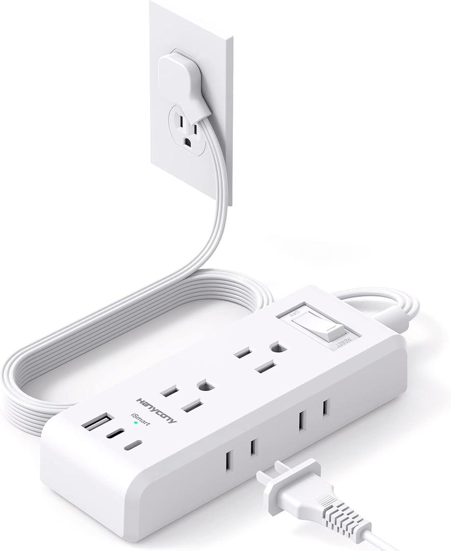 Flat Plug Power Strip, HANYCONY Ultra Thin Extension Cord, 6 Outlets 3 USB Ports(2 USB C), 5ft Multiple Outlet Extender with Wall Mount No Surge Protector for Dorm Room, Cruise, Travel Essentials