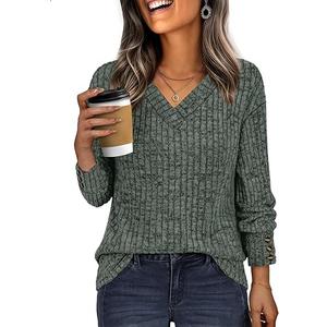 IWD Womens V Neck Long Sleeve Shirt Fall Fashion Knitted Sweaters Dressy Casual Pullover Tunic Tops with Decorative Buttons Green, XL