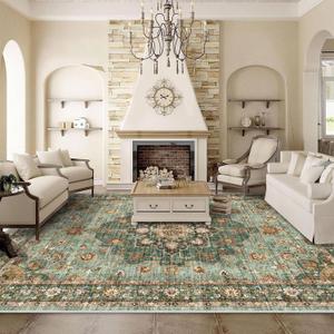 Washable Oriental Area Rug - 9x12 Rugs for Living Room Soft Carpet for Bedroom Waterproof Floral Distressed Indoor Stain Resistant Non-Shedding Floor Carpets (Green, 9x12) (9' x 12')
