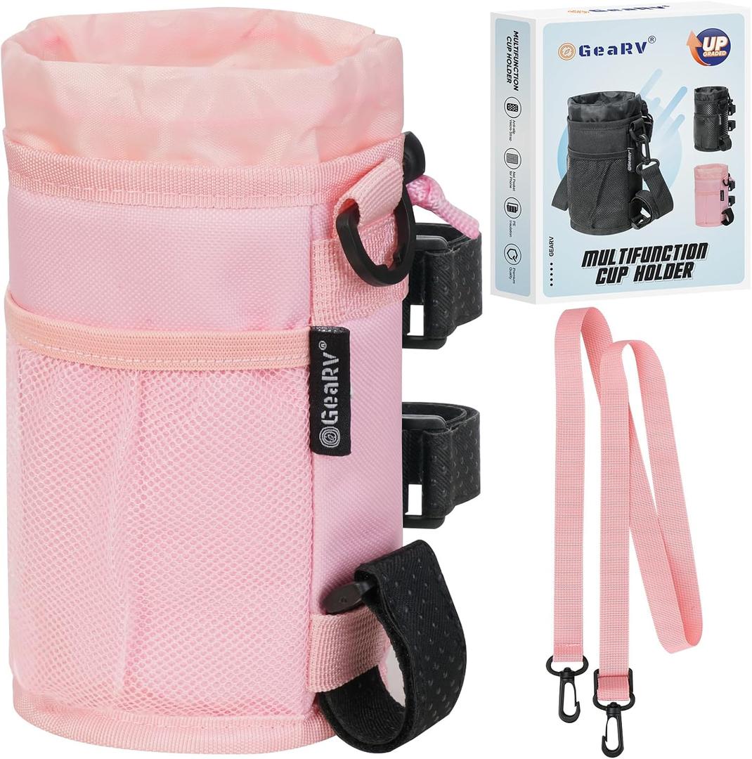GEARV Bike Cup Holder with Shoulder Strap, Water Bottle Holder for Hiking, Scooter, UTV/ATV, Golf Cart, Universal Drink Holder Accessories (Pink) (1 Pk)