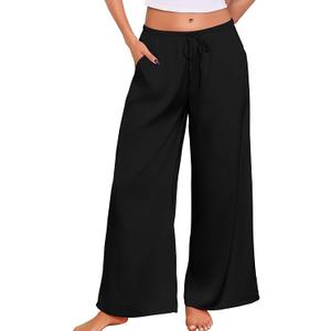 No Brend Womens Satin Silk Pajama Pants Lounge Long Pj Bottoms with Pockets & Drawstring, L, Black