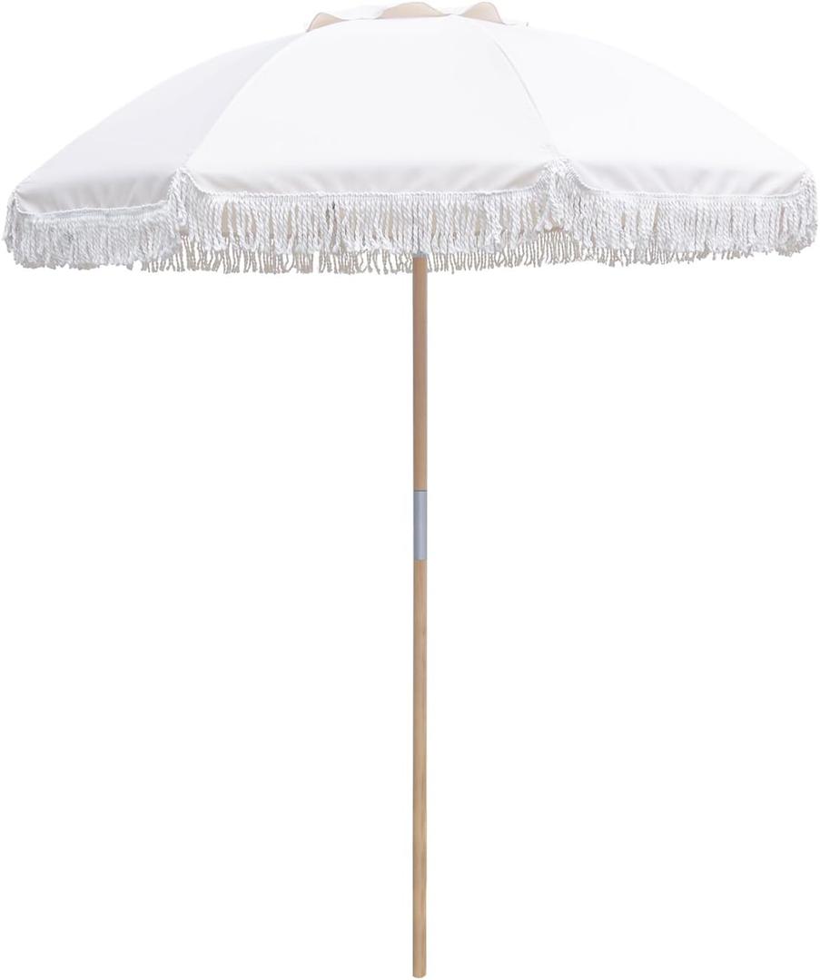 6FT Patio Beach Umbrella with Fringe, Wooden Beech Pole & 8 Fiberglass Ribs, Manual Push Lift with 30 Tilt, Outdoor Umbrella for Patio, Garden, Yard, Pool, Off White