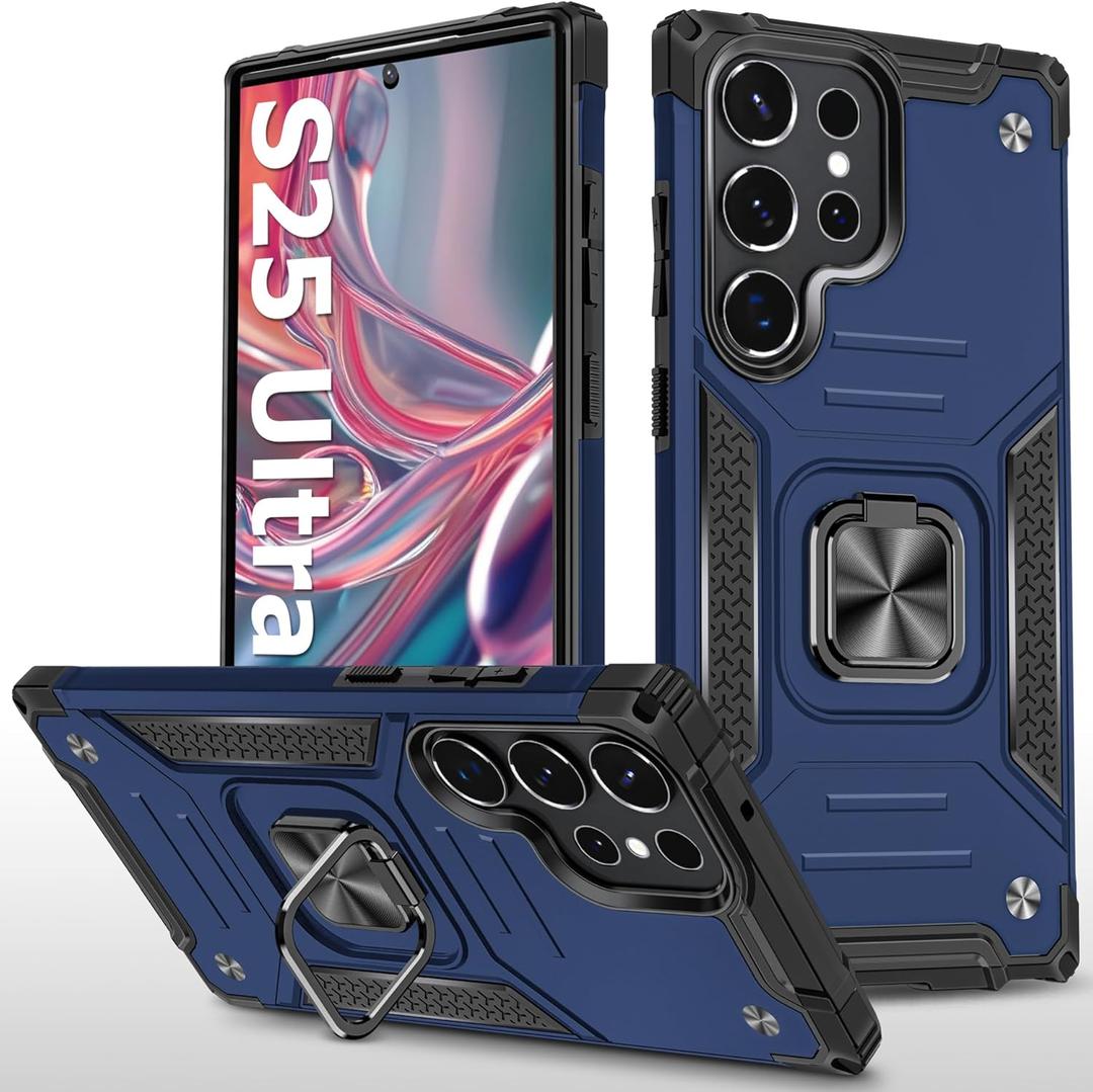 for Samsung Galaxy S25 Ultra 5G Case Rugged Military Grade Heavy Duty Armor Shockproof S25 Ultra Phone Case with 360 Metal Ring Kickstand Mount Magnetic Cover for Samsung Galaxy S25 Ultra (Blue)