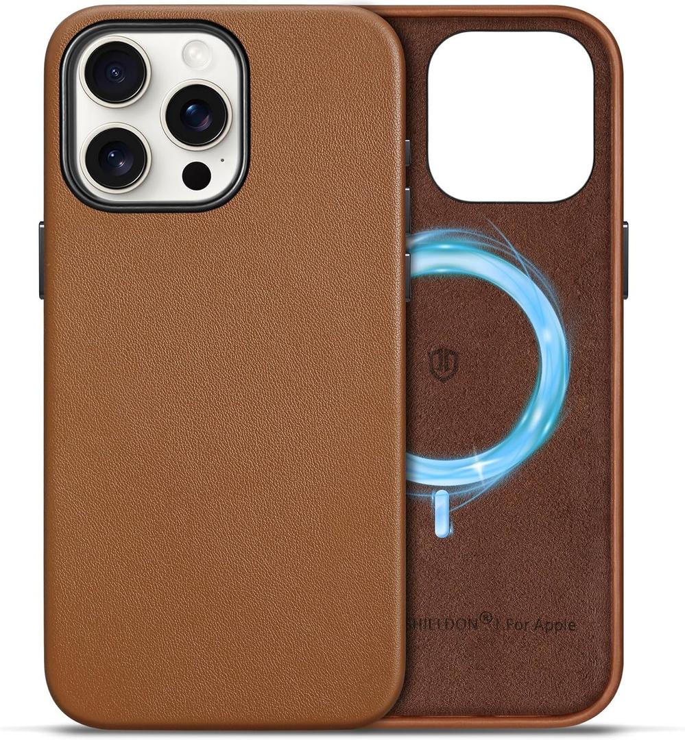 SHIELDON Case for iPhone 15 Pro Max 6.7", Genuine Leather/Magnetic Wireless Charging/Anti-Scratch/Non-Slip Grip/Shockproof/Slim Fit Phone Case Cover Compatible with iPhone 15 Pro Max 5G - Saddle Brown