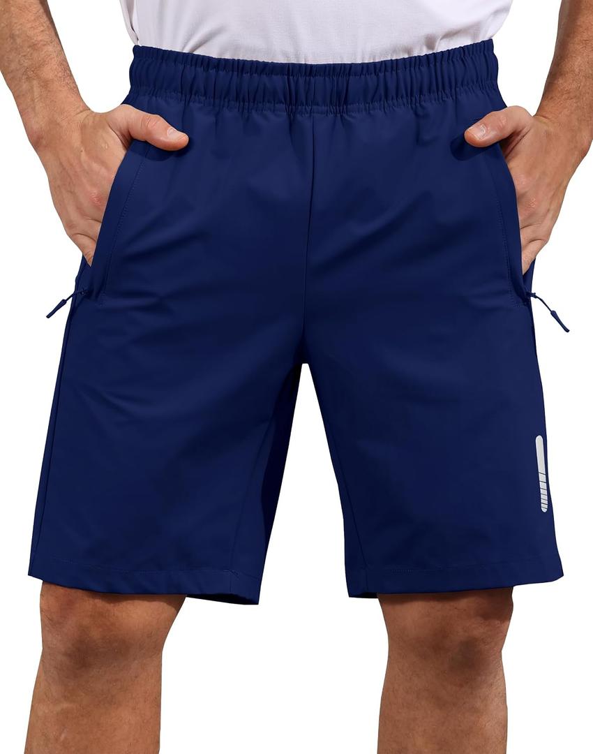 Mens Shorts Waterproof Quick Dry Slim Fit Athletic Running Gym Training Zipper Pockets for Basketball Tennis (Blue, L)