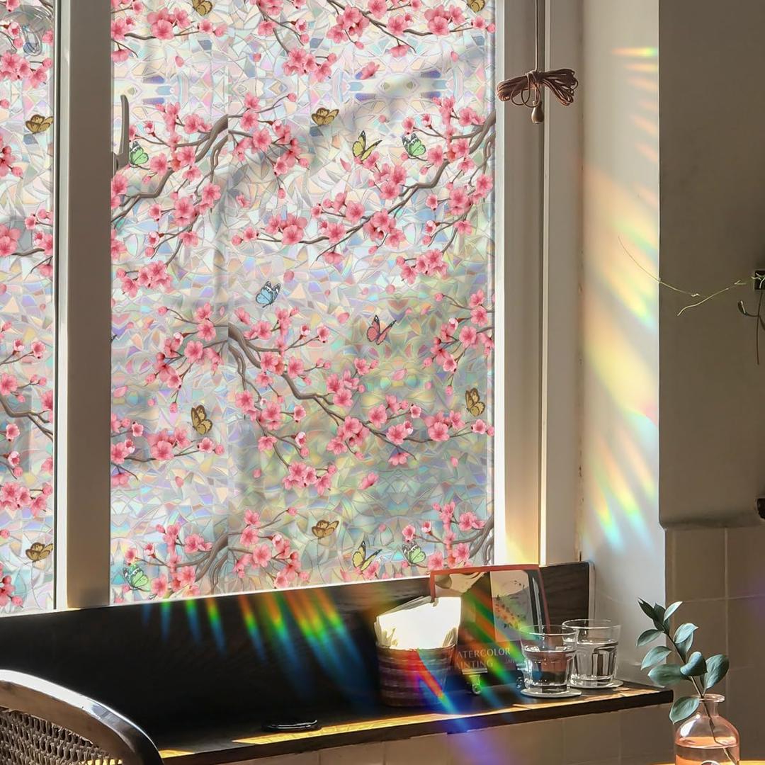 Runtoo Window Privacy Film Rainbow Cherry Blossom Flower Window Clings 3D Decorative Vinyl Stained Glass Butterfly Floral Decals Static Cling Sticker Non-Adhesive, 15.75 x 40 inches