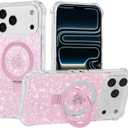 Magnetic for iPhone 17 Pro Case with Invisible Stand, Compatible with MagSafe, Clear Bling Sparkle Shockproof Slim Anti-Slip Military Drop Protection Hard Phone Case 6.3" Glitter Pink