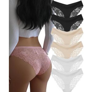 Sexy Cheeky Lace Womens Underwear Invisible Seamless Coverage Panties Lace Bikini Briefs, Pack of 3, XL, Black, Beige, White