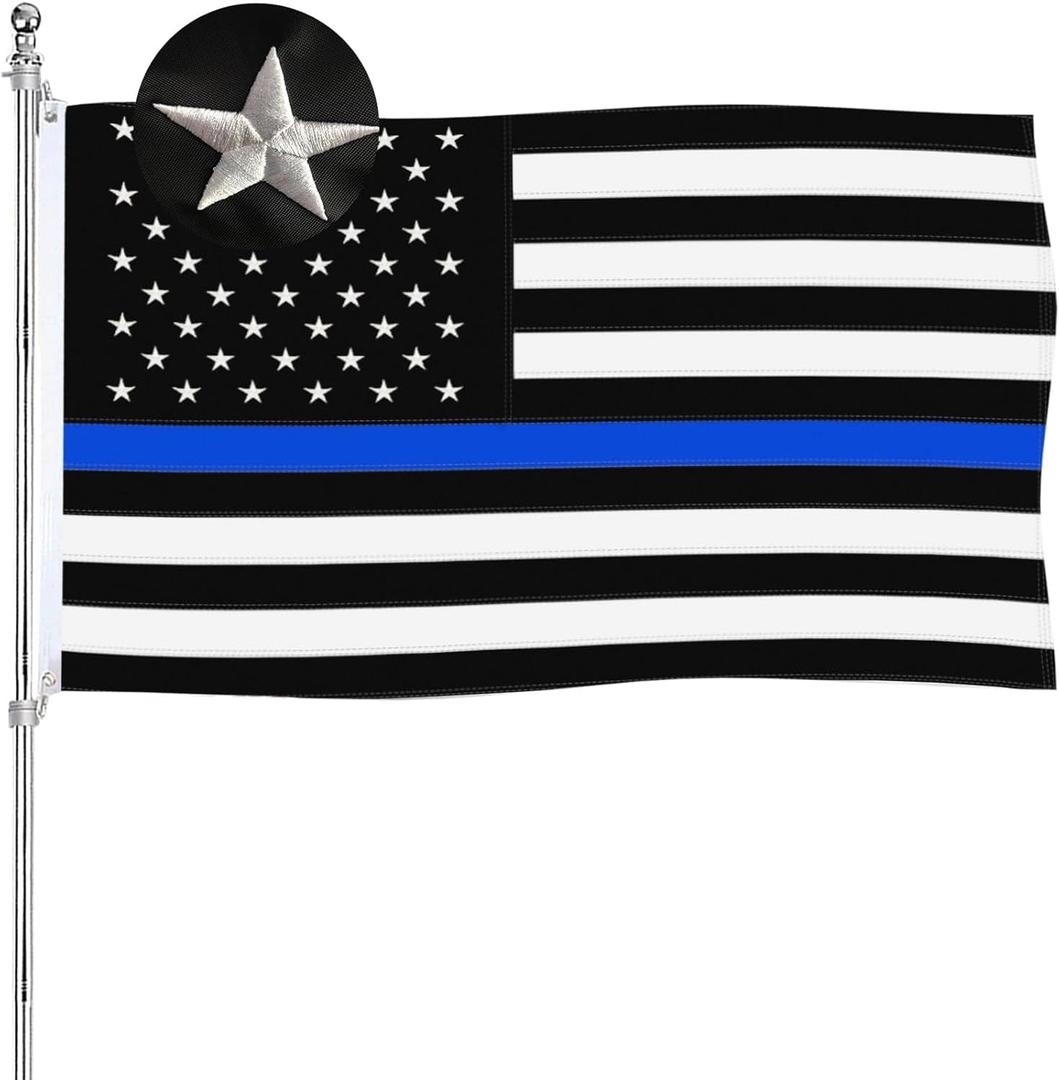Thin Line Police Flag Embroidered 5x8 Outdoor Heavy Duty 210D Blue Stripe Blue Lives Matter Flags Banners with 2 Metal Grommets, 4 Rows of Stitching