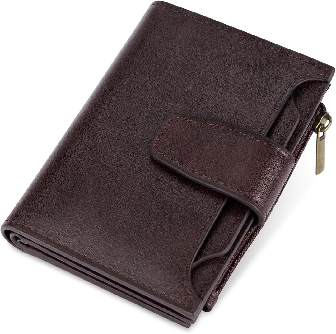 Small Wallet Women RFID Blocking Genuine Leather Bifold Compact Card Holder Wallet for Women with Zipper Coin Pocket 4 ID Window (Dark Coffee)