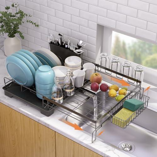 Vathingood Extendable Dish Drying Rack, Drying Rack with Automatic Drainboard, Dish Drainers for Kitchen Counter, Anti-Rust Dish Drainers with Cup Holders & Utensil, Black