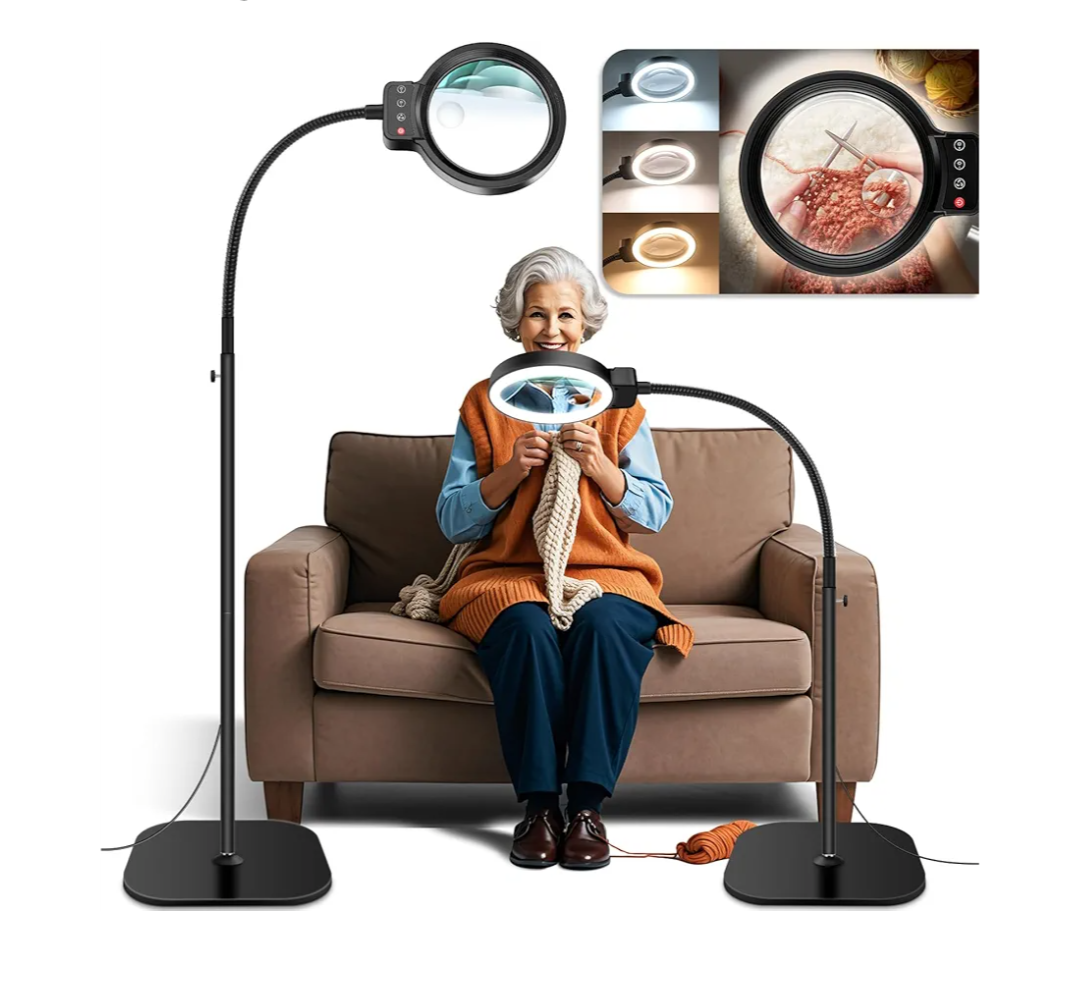 30X 10X Large Floor Magnifying Glass with Light and Stand,72 LED Flexible Gooseneck Floor Magnifying Lamp,2 in 1 Lighted Magnifiers for Close Work, Sewing,Crafts,Hobbies（Black）