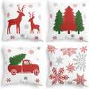 CaliTime Christmas Throw Pillow Covers Decorative 18 X 18 Inches Set of 4 Cozy Fleece Trees Deers Car Snowflakes Cushion Cases for Couch Sofa Bed Living Room Farmhouse Christmas Red Green