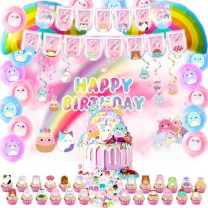 Cute Animals Birthday Decorations Kids Party Supplies with Banner Cupcake Toppers Balloons Swirls Stickers Background