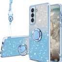 Phone Case for Samsung Galaxy S22 6.1" Cute Sparkle Bling Sparkly Slim Clear TPU Thin Shiny Glitter Case with Kickstand & Strap,Girls Women Shockproof Protective Cover for S22 2022,Sky Blue