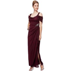 Alex Evenings Women's Long Cold Shoulder Mother of the Bride Dress with Beaded Detail at Hip, (Petite and Regular Sizes), Beaded Wine, 10