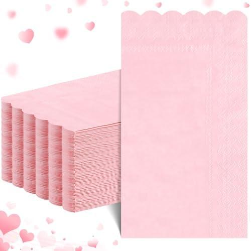 NatNarr 60 Pcs Pink Napkins, 2 Ply Scalloped Valentines Napkins Light Pink Disposable Guest Hand Towels for Bathroom Paper Party Dinner Napkin for Valentines Day, Wedding, Baby Bridal Shower, Birthday