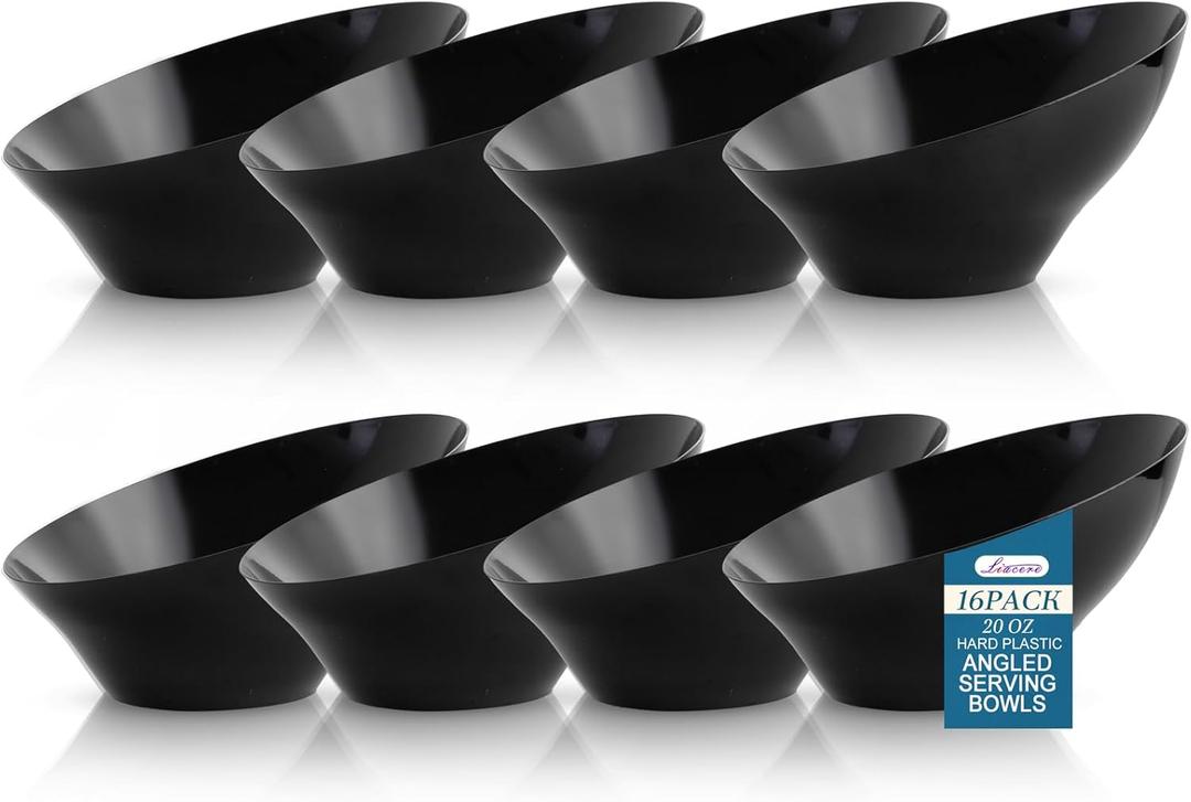 Liacere 16 Pack Black Plastic Bowls - Black Serving Bowls - 20 OZ Angled Bowl Disposable for Chip,Candy,Salad and Fruit - Ideal for Wedding & Party & New Year