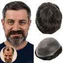 BEEOS 0.08mm Thin Skin Toupee for Men, V-looped Mens Hair Piece 8x10 Inch PU Base Hair Replacement System #1B30 Natural Black with 30% Grey