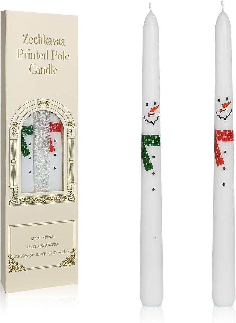 Floral Taper Candles 10 Inch Tall Unscented Handmade Snowman Print Candles Long Burning Elegant Candlesticks for Christmas Decor Gifts