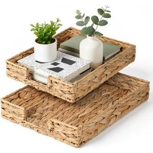 2 Pcs A4 File Tray, Water Hyacinth Desk Basket, Wicker Paper Tray File Baskets, Woven Letter Size Documents Trays, Magazine Files Storage Basket Organizer Bin for Office, Toilet, Desk