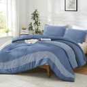 Litanika Comforter Set King Size Sapphire Blue - 3 Pieces Lightweight Sapphire Blue White Colorblock Stripe Fluffy Bedding Comforter Sets, All Season Bed Set