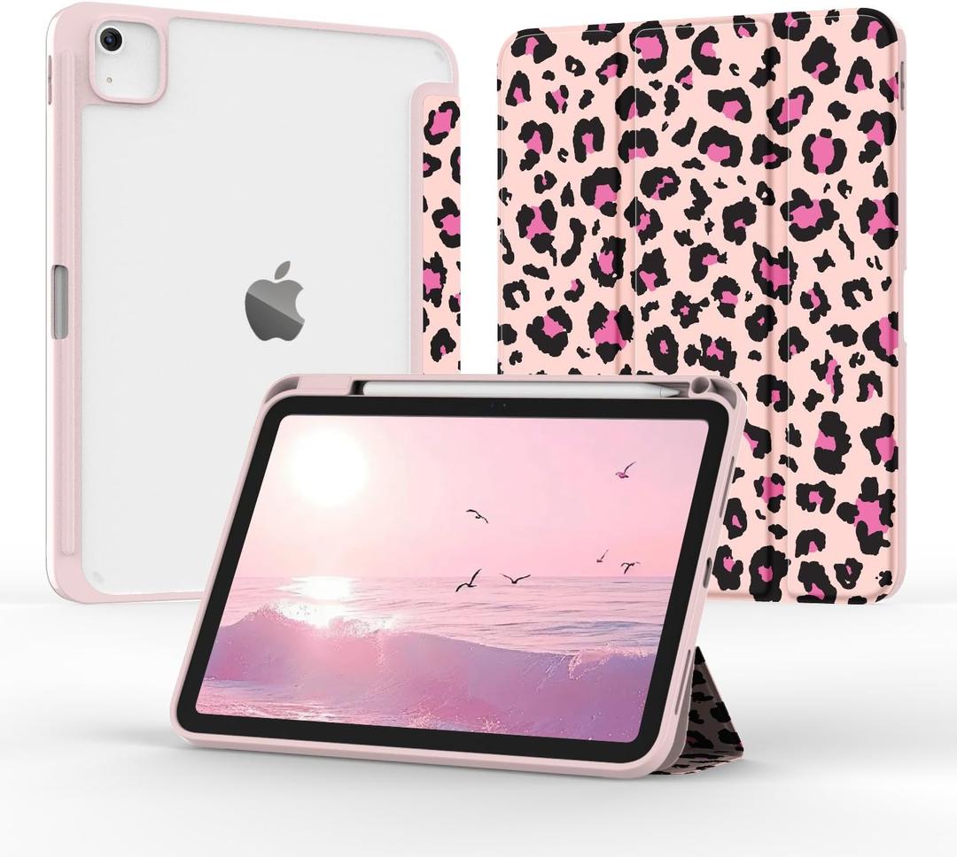 Case for iPad Air 11 Inch M3/M2 2025/2024, iPad Air 5th/4th Generation 10.9" 2022/2020, Tri-Fold Folio Auto Wake/Sleep Cover with Clear Back/Pencil Holder for Air 5 4 (Leopard Pink)