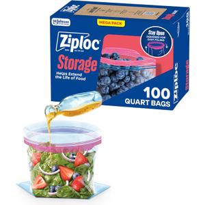 Ziploc Quart Food Storage Bags, Stand-Up Bottom, Easy to Fill, 100 Count